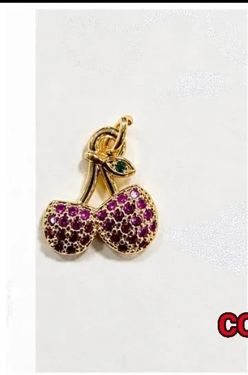 Colgante de Rodio - Cereza piedras magenta/rosado con hoja verde
