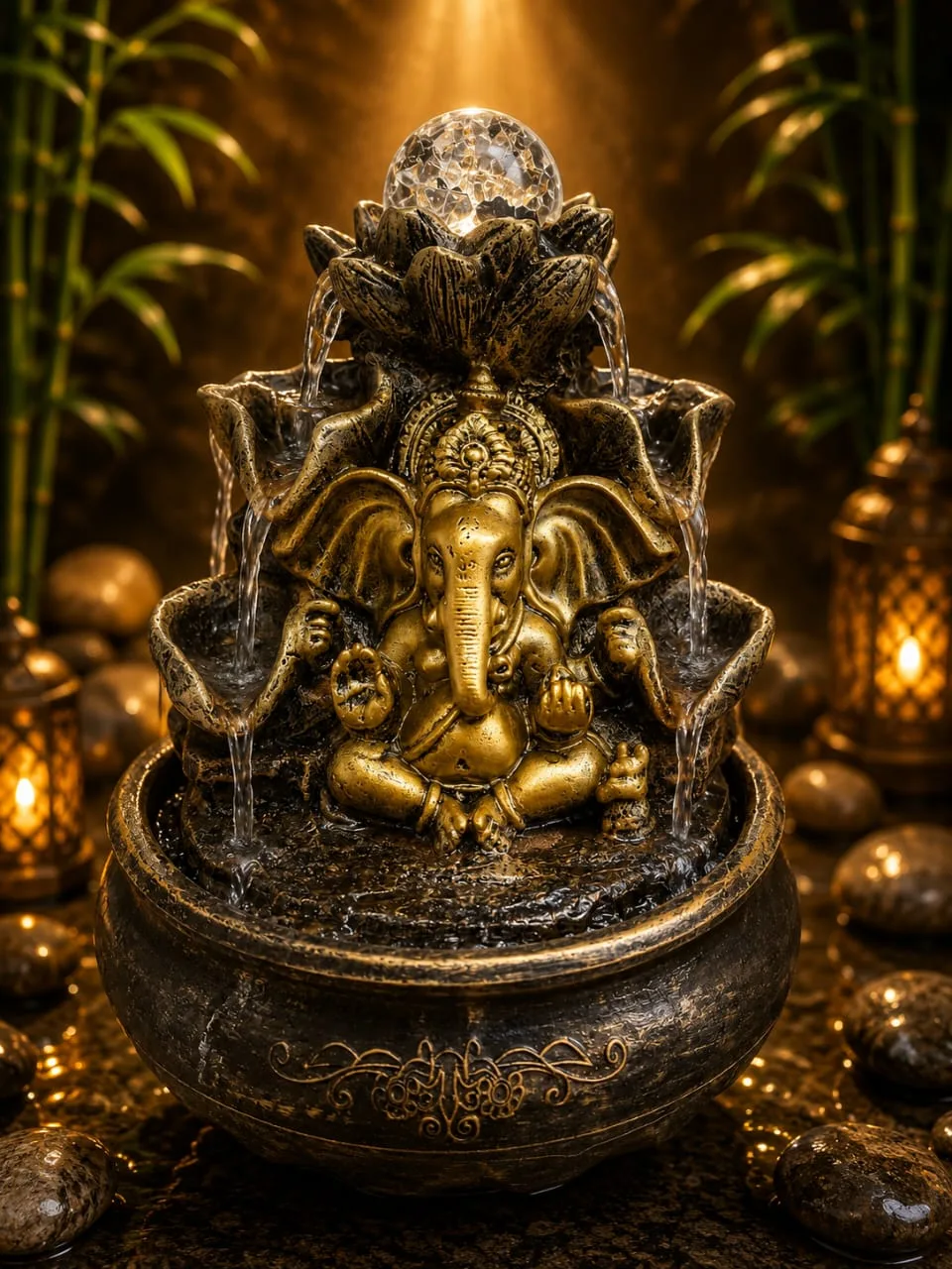Fuente De Agua Ganesha Cascada Esfera Cristal Luz Led 20cm