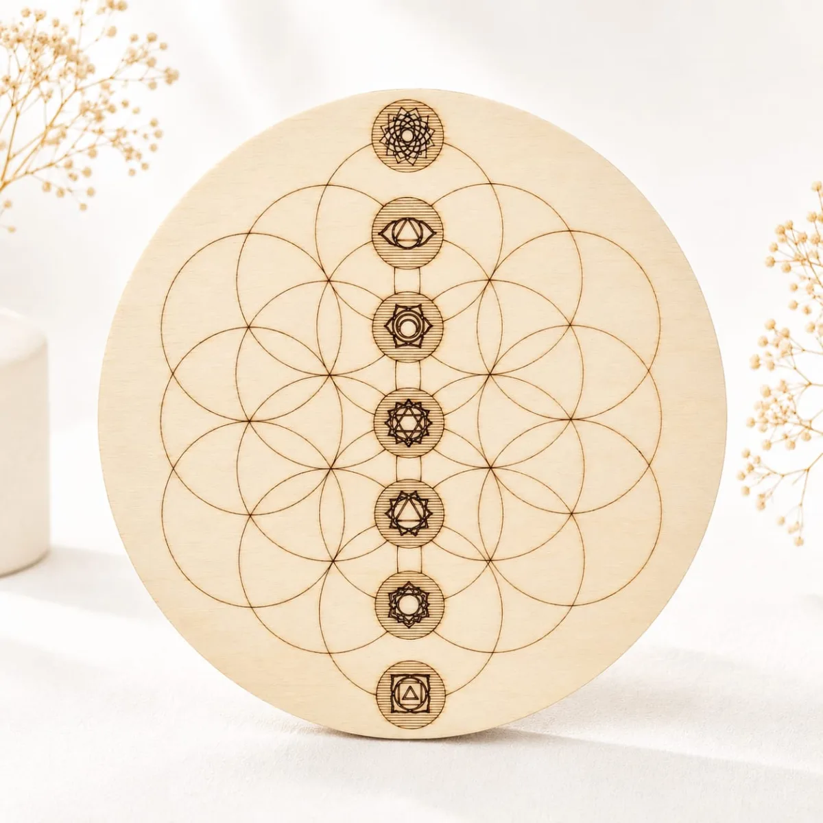 Panel de Madera Flor de la Vida con Símbolos de Chakras