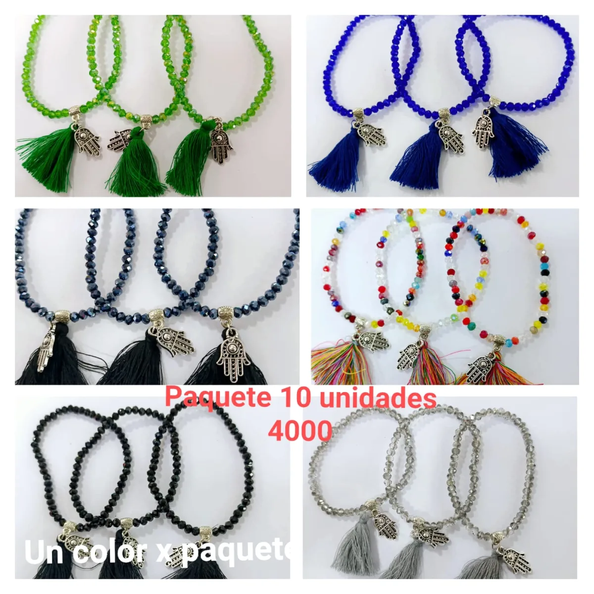 Pack 10 Pulsera Elasticada de Cristales Facetados con Dije de Mano de Hamsa y Borla de Hilo