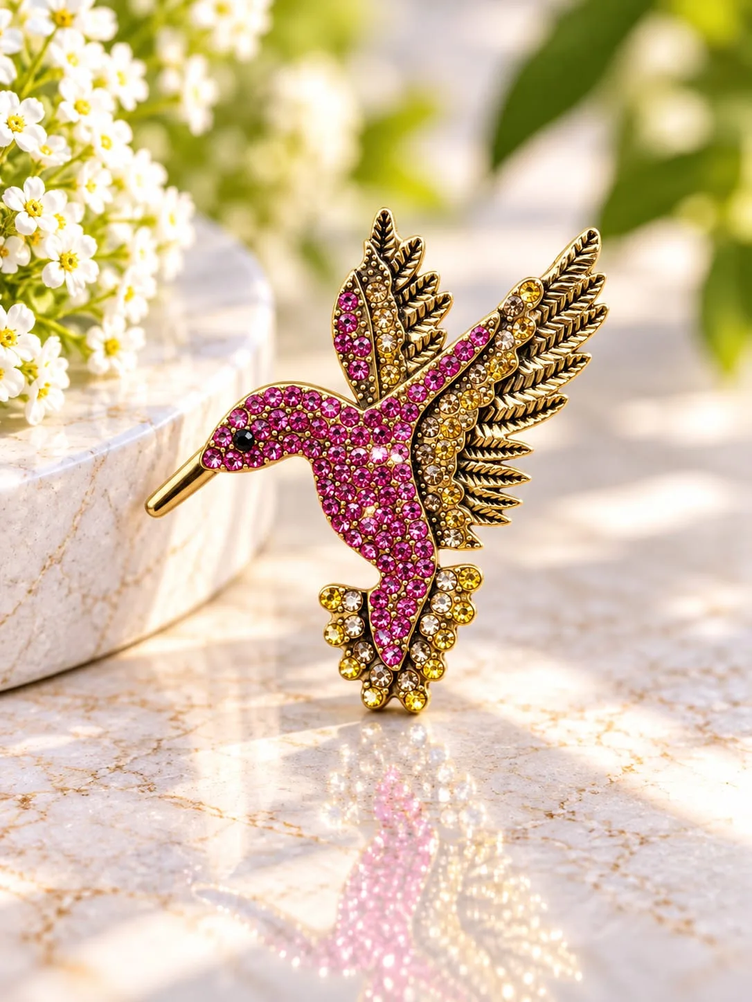 Prendedor de Colibrí con Strass Fucsia y Dorado