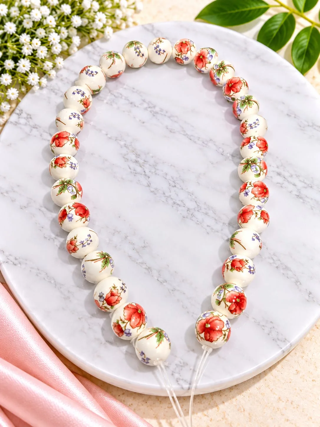 Cuentas de Cerámica con Flores Rojas y Lilas