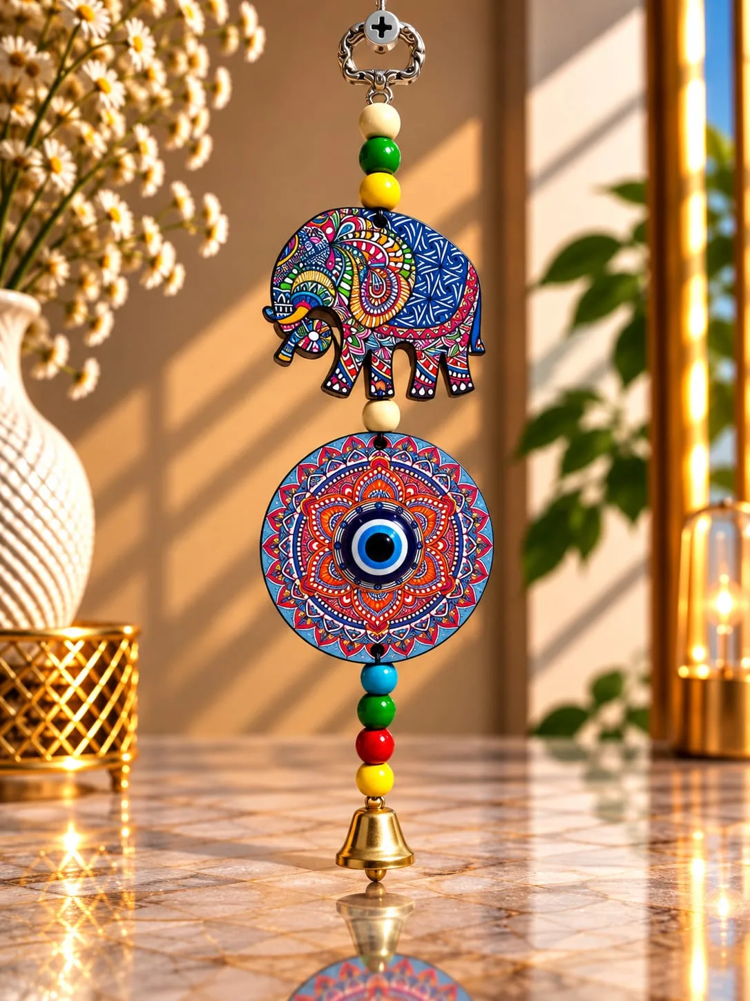 Colgante Ojo Turco con Campana Elefante y Mandala Roja