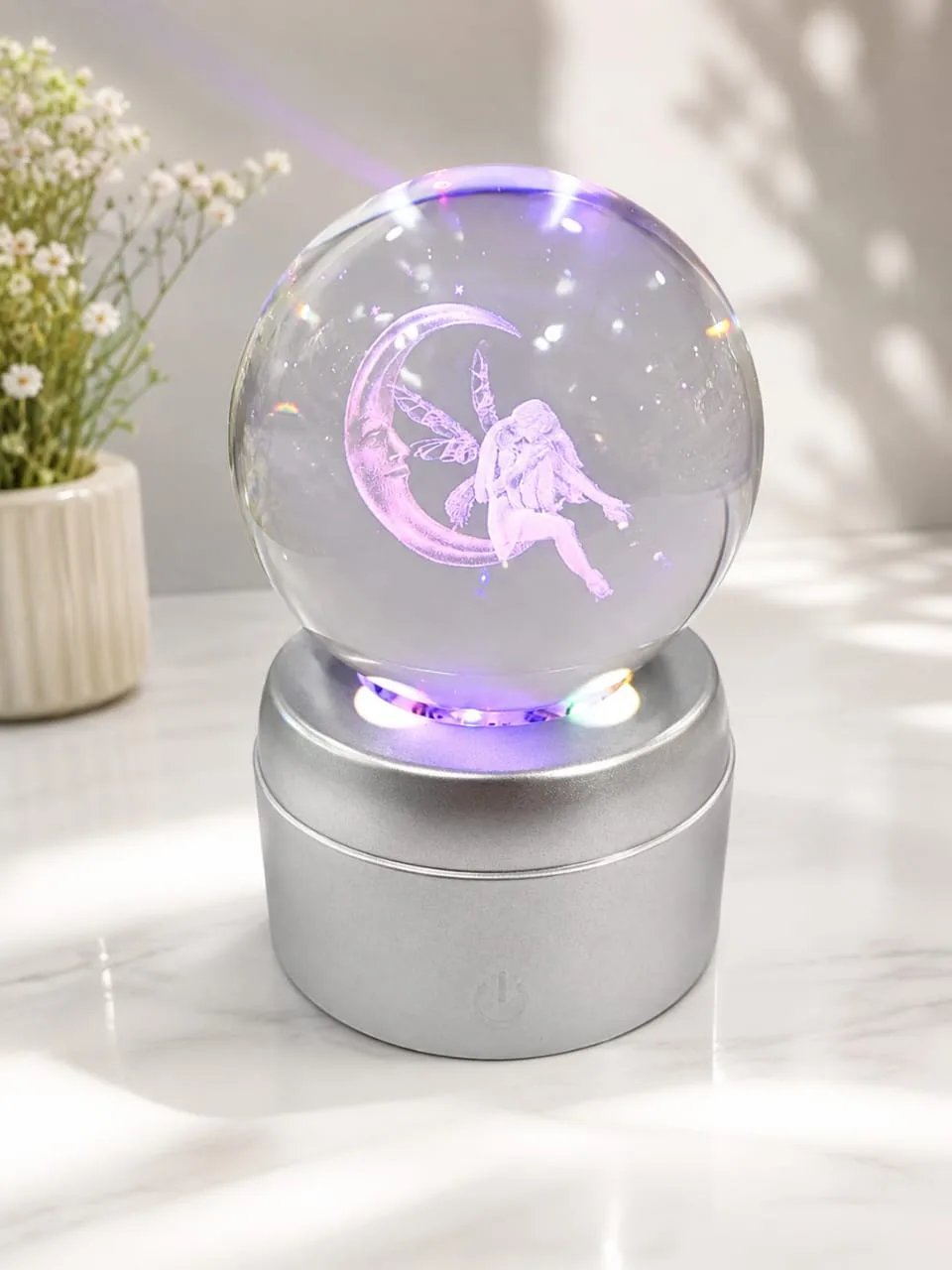 Lampara de Mesa Bola de Cristal Giratorio Hada Lunar con Base Plateada