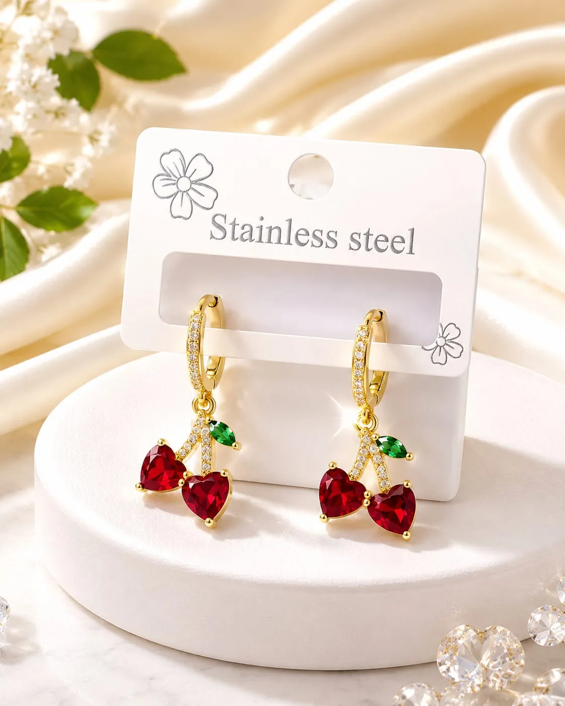 Aros de Acero - Cereza en Forma de Corazón con Piedras Rojas Engarzadas
