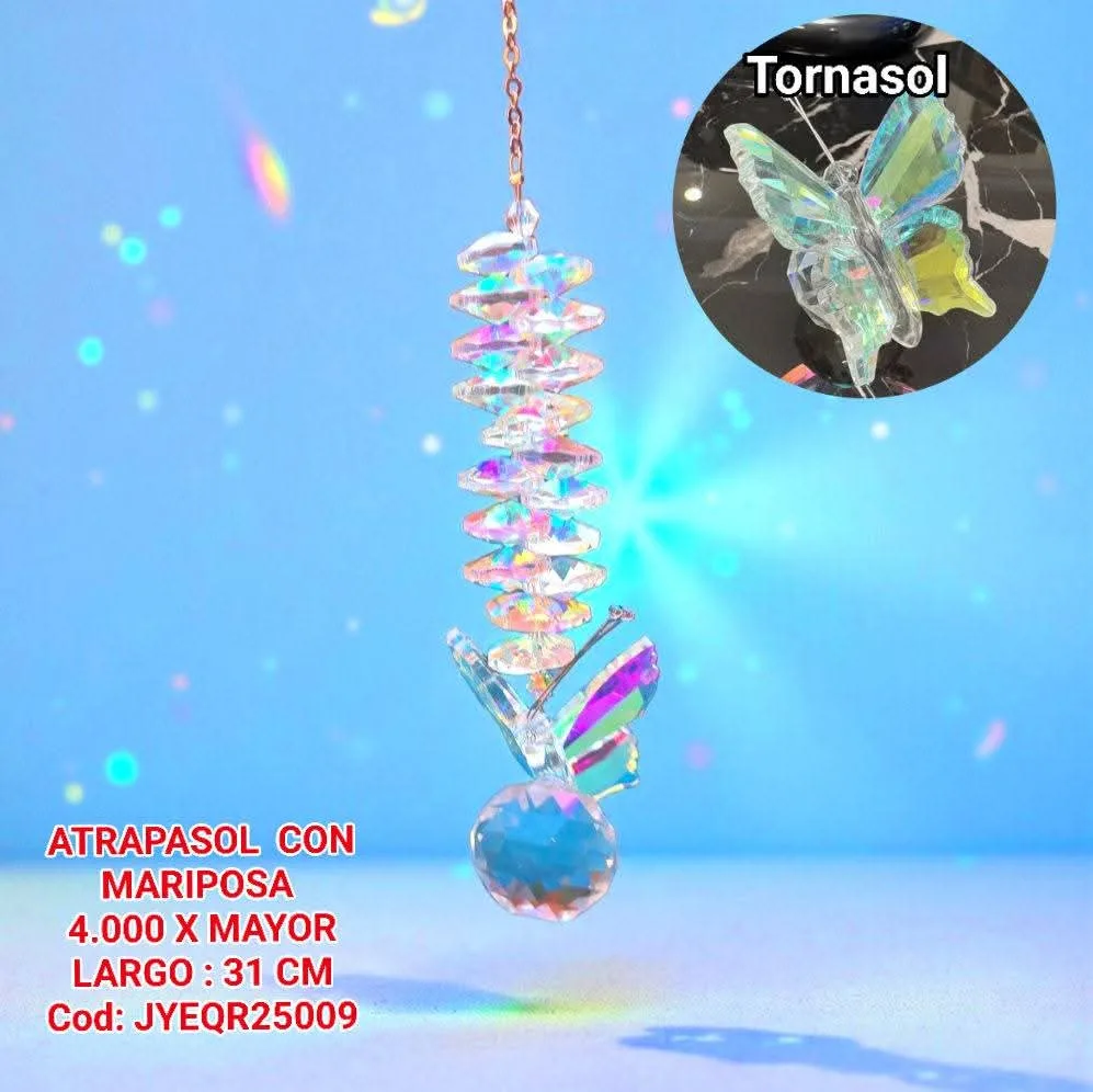 Atrapasoles Vertical de Cristales Iridiscentes Tornasol con Mariposa Esculpida AB y Esfera Prismática