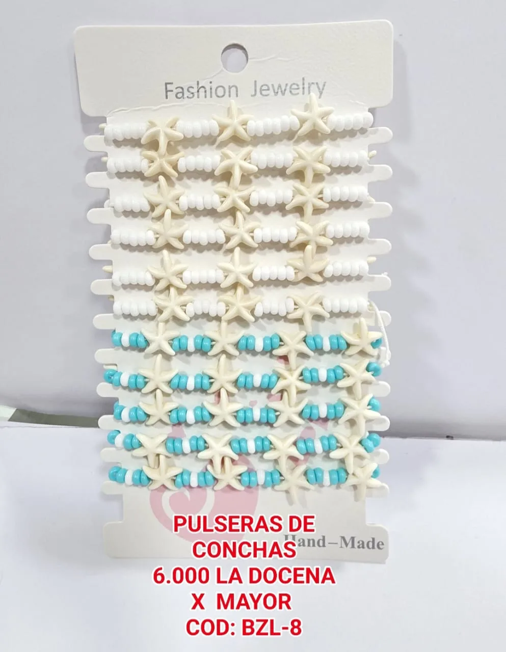 Pack 12 Pulsera Veraniega Marinera con Estrellas de Mar Blancas/Marfil y Cuentas en Tonos Playa (Blanco / Turquesa)
