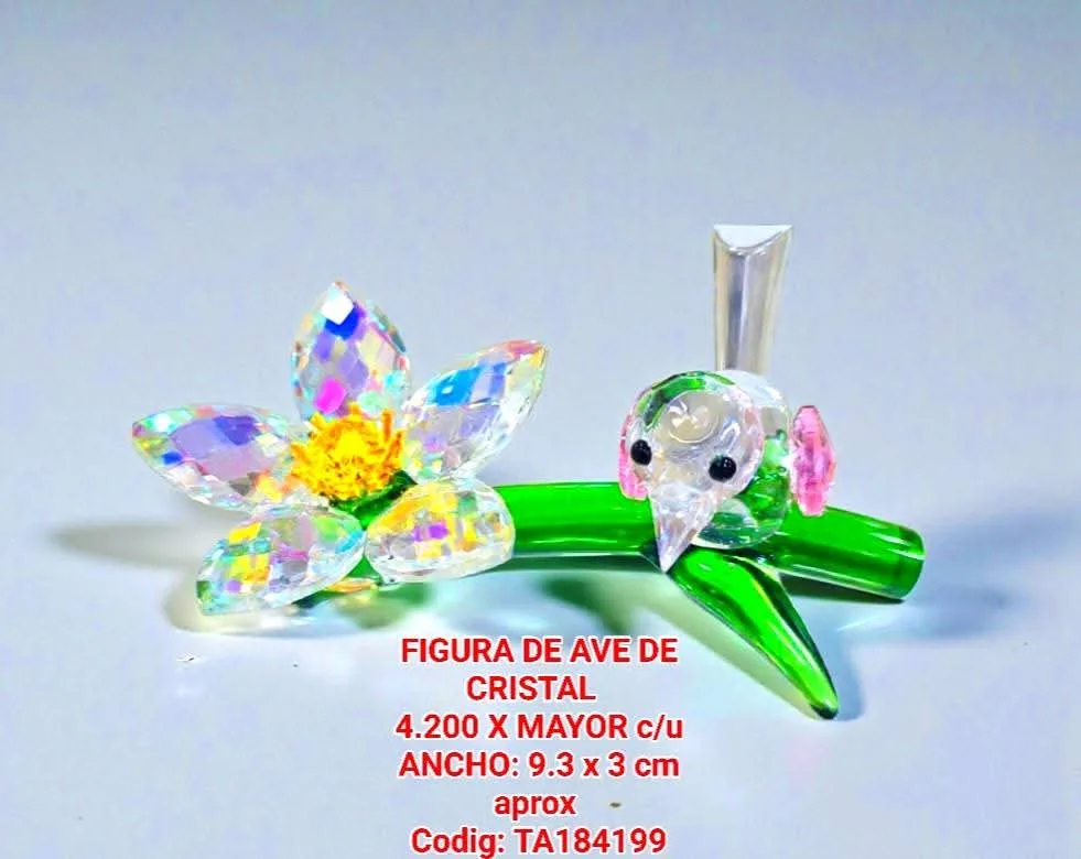 Figura de Ave de Cristal - con flor blanca y alas rosadas