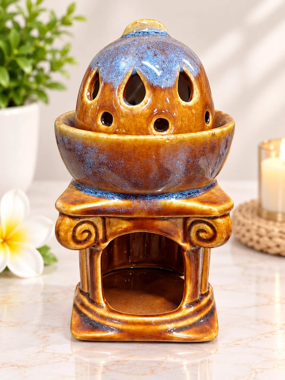Difusor Hornito de Cerámica Estilo Templo Café y Azul