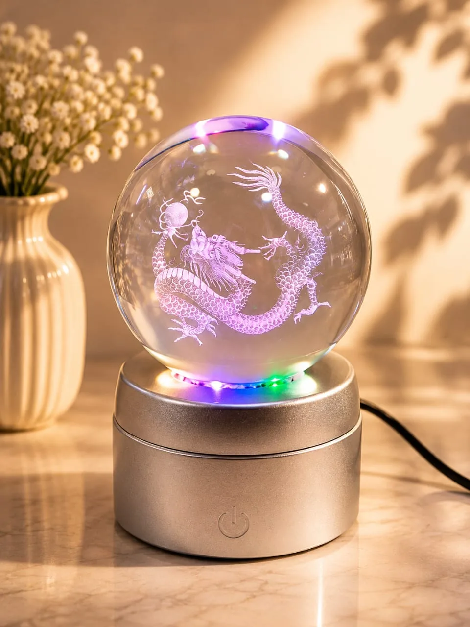 Lampara de Mesa Bola de Cristal Giratorio Dragon Chino con Base Plateada
