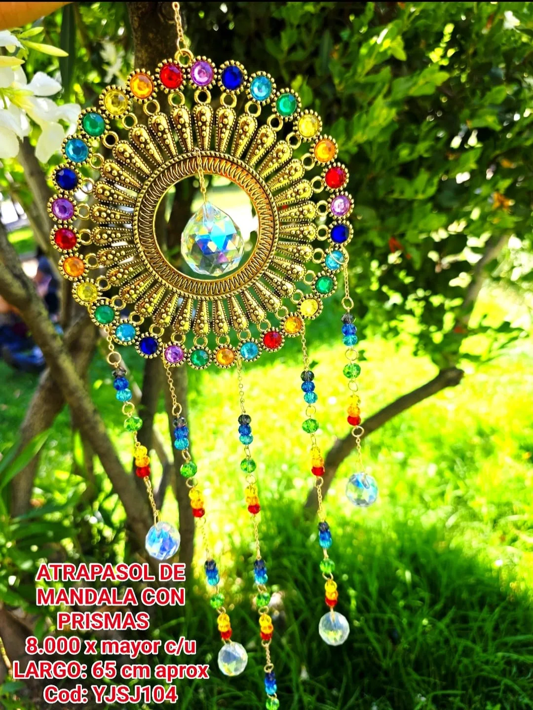 Atrapasoles Móvil Mandala Dorado de Lujo Arcoíris 7 Chakras con Esfera Central y Caídas de Esferas Prismáticas