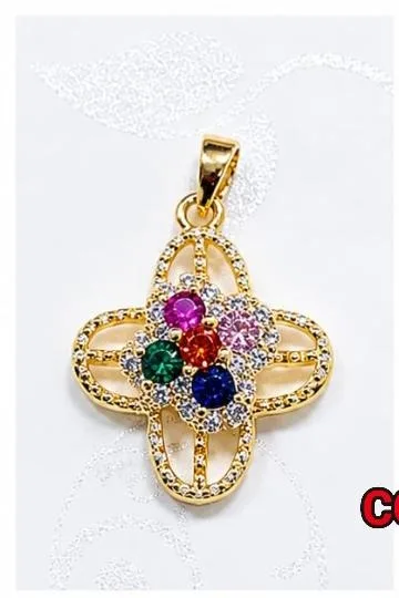 Colgante de Rodio - Cruz abierta con gemas multicolor centrales