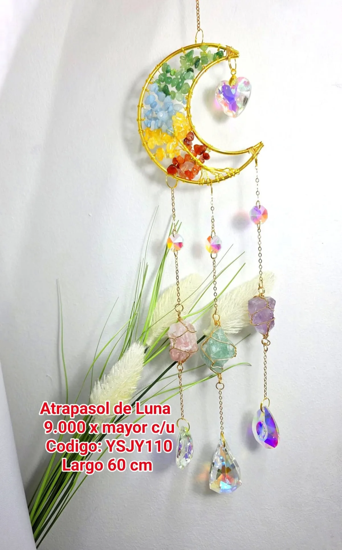 Atrapasoles Luna con Piedras Naturales Chakra y Cristales Prismáticos