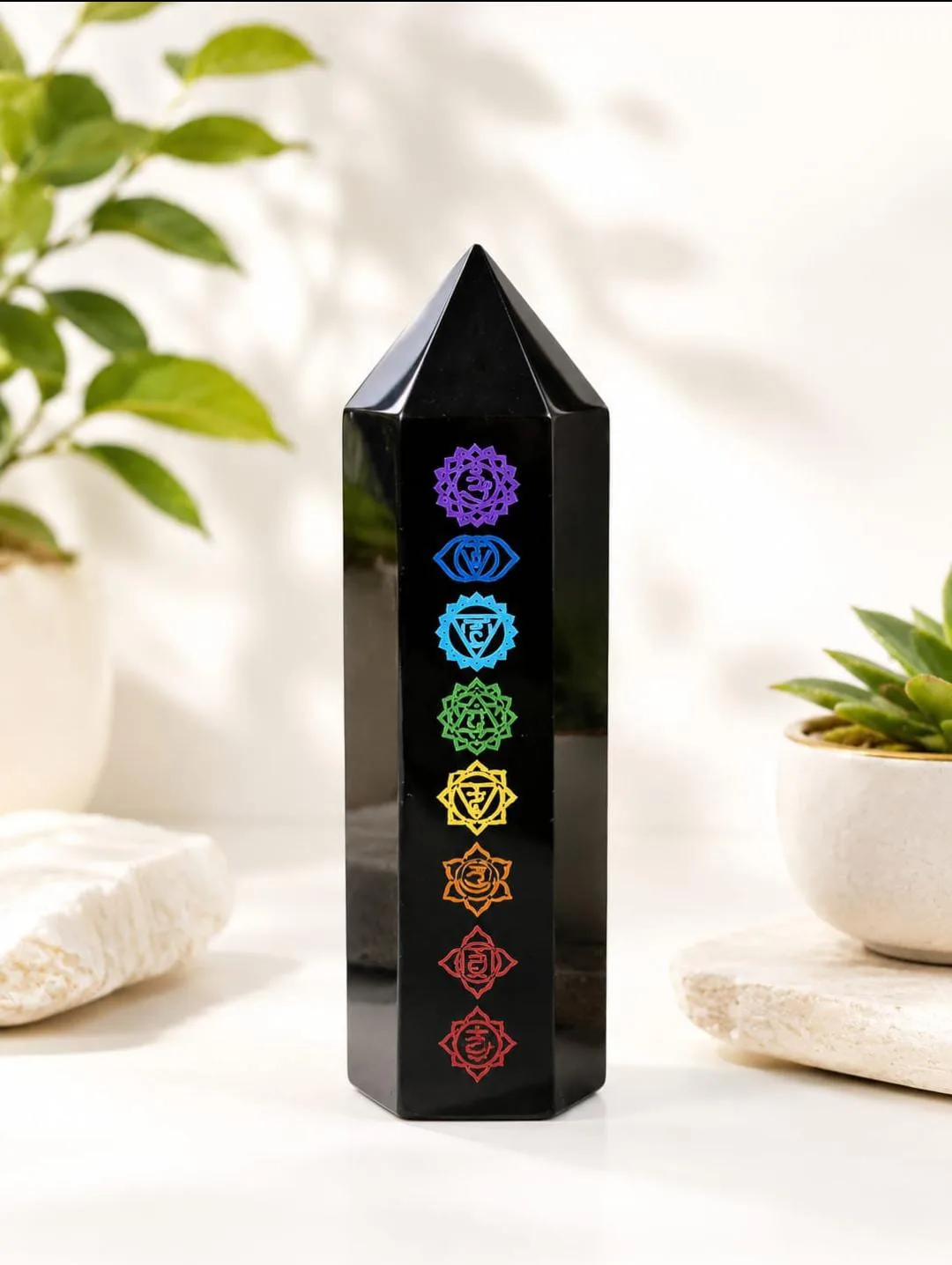 Obelisco de Obsidiana Negra con Grabado de Chakras