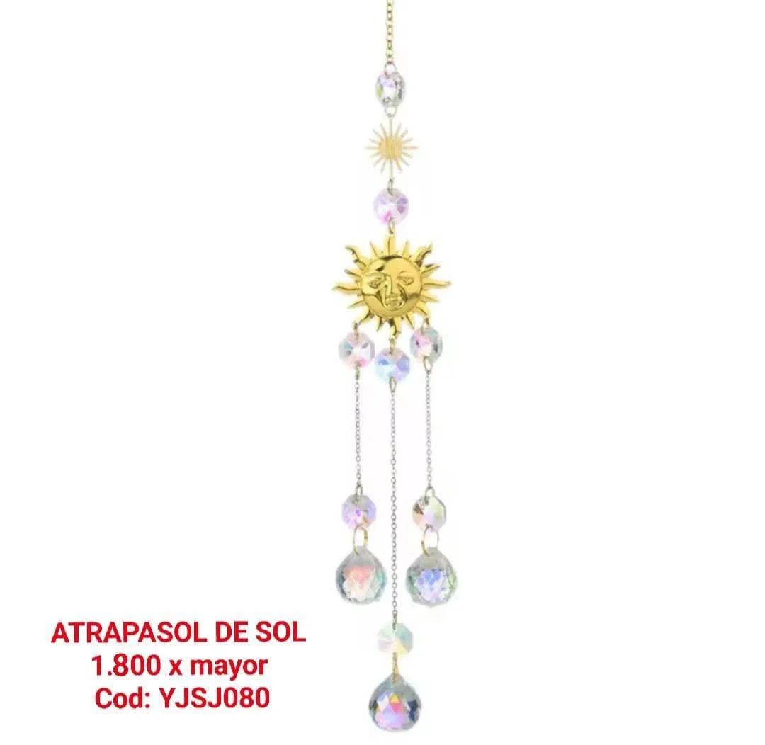 Atrapasoles Místico Sol Radiante en Metal Dorado con Cascada de Esferas y Prismas Iridiscentes
