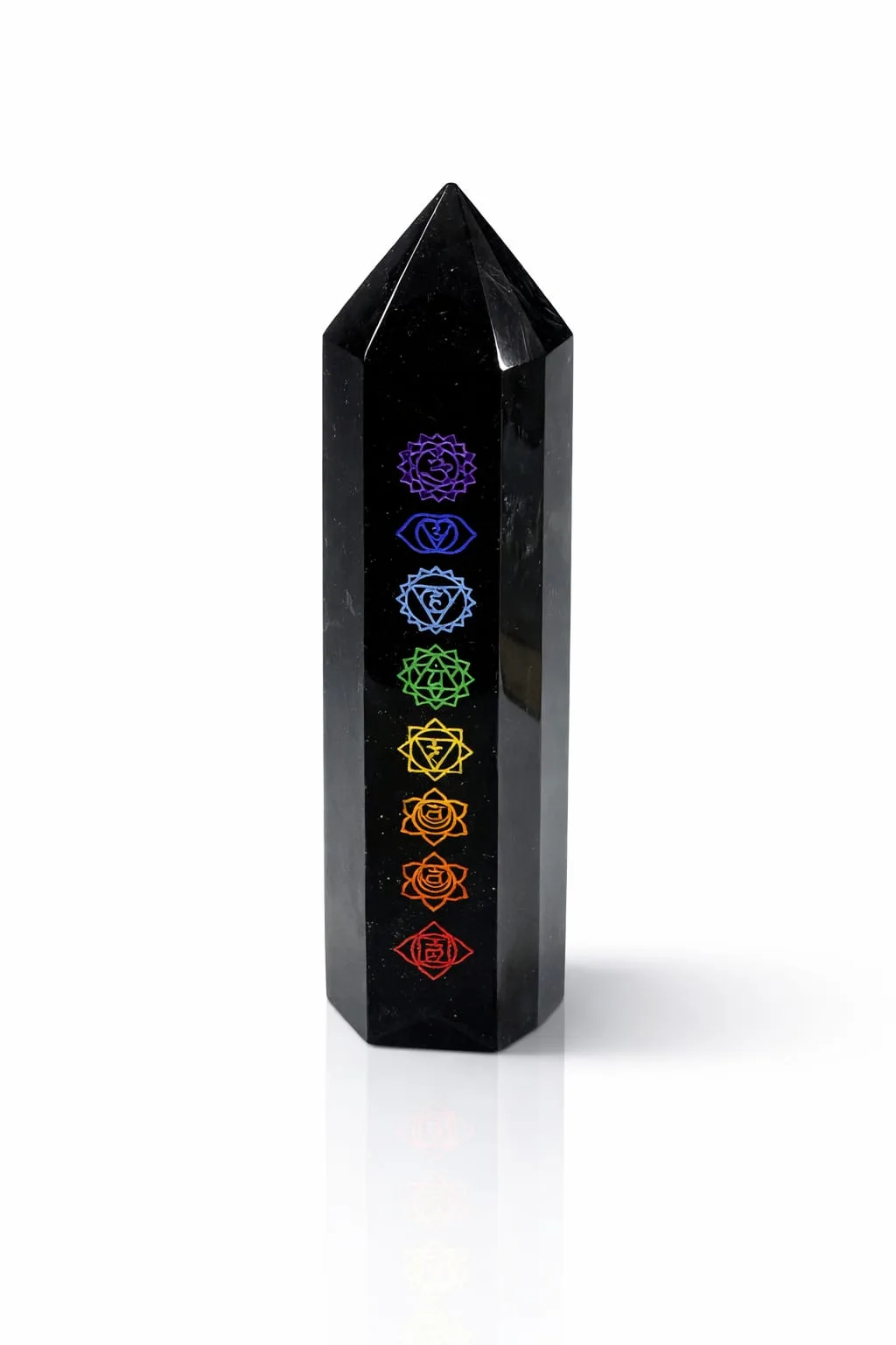 Obelisco de Cuarzo con Símbolos de Chakras - Obsidiana