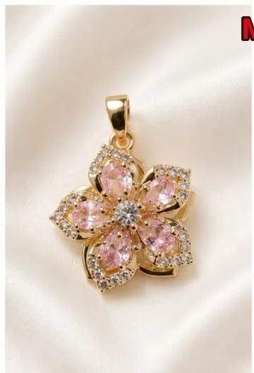 Colgante en Rodio - Flor rosa con piedras