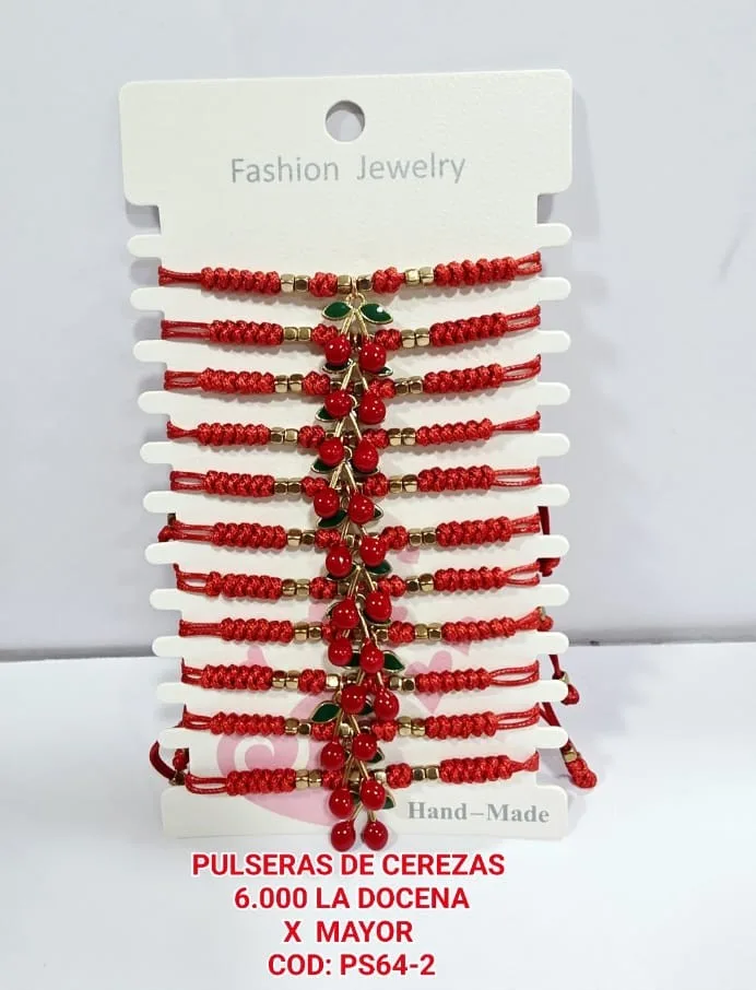 Pack 12 Pulsera Cerezas Esmaltadas con Tejido Macramé Rojo y Cuentas Cúbicas Doradas
