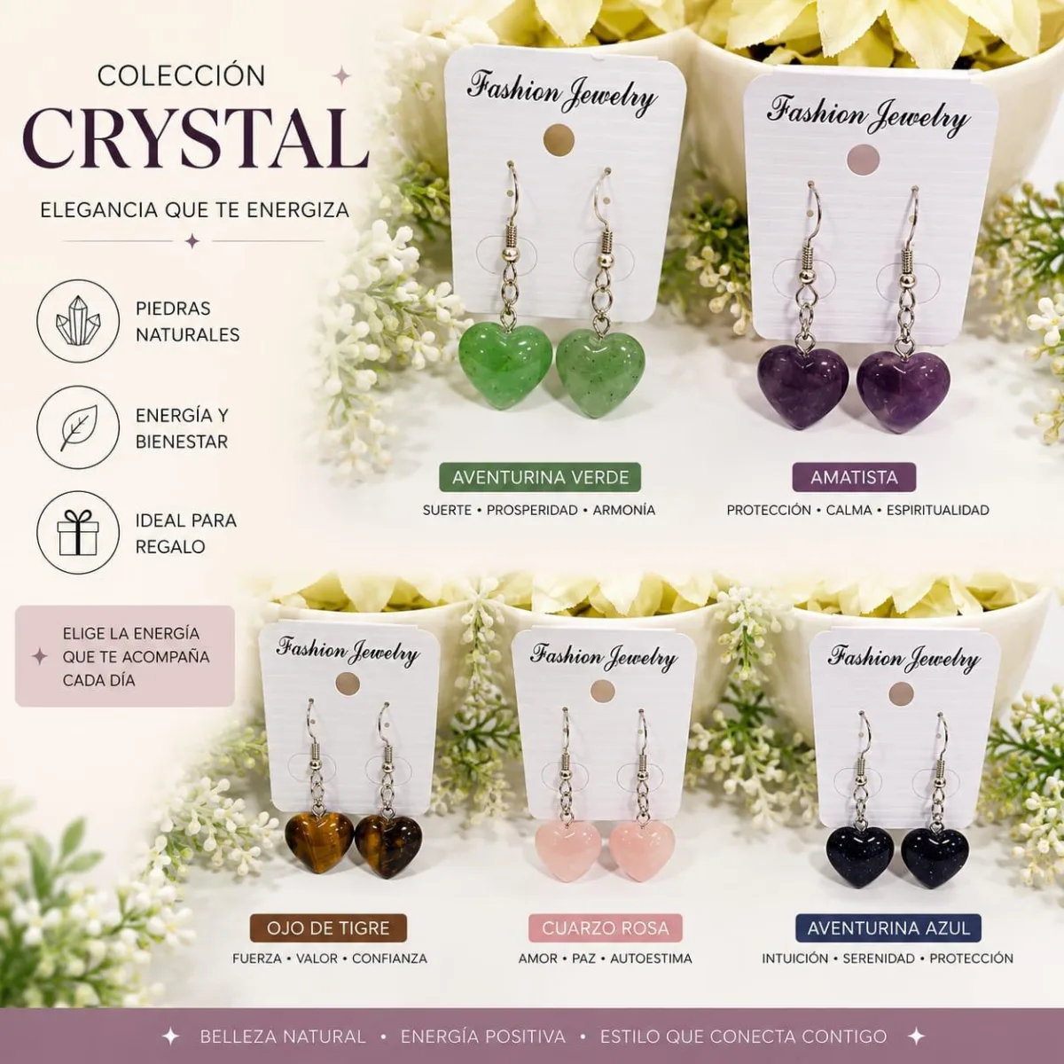 Aros Corazón Piedra Natural Aventurina Verde Amatista Ojo de Tigre Cuarzo Rosa y Aventurina Azul (Toma 2)