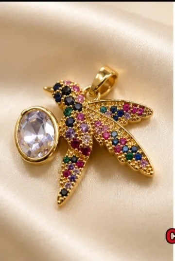 Colgante de Rodio - Ave con piedra ovalada blanca y alas multicolor