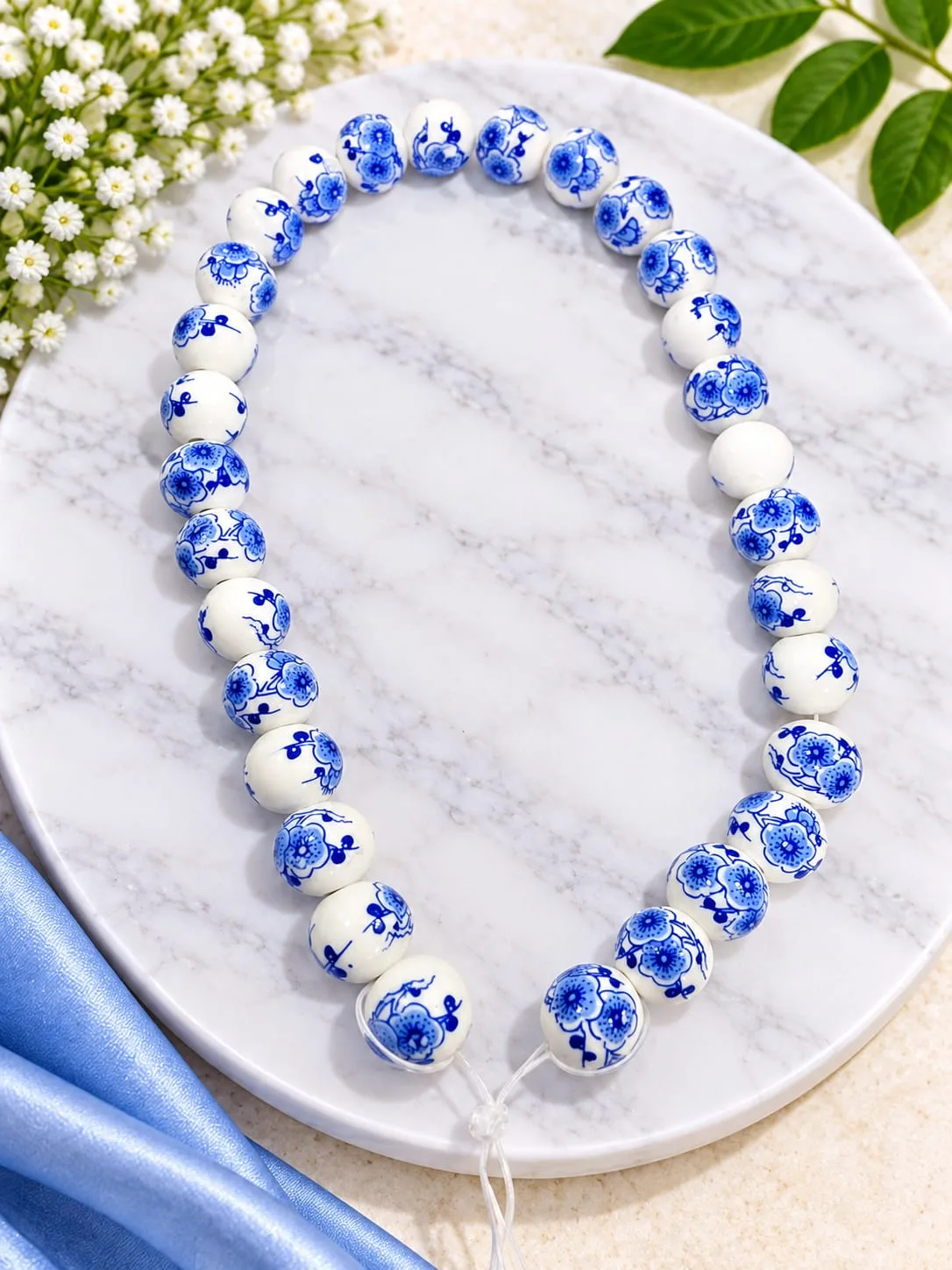 Cuentas de Cerámica con Flor Azul Grande