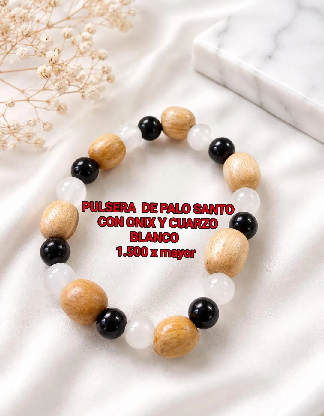 Pulsera de palo santo con onix y cuarzo blanco