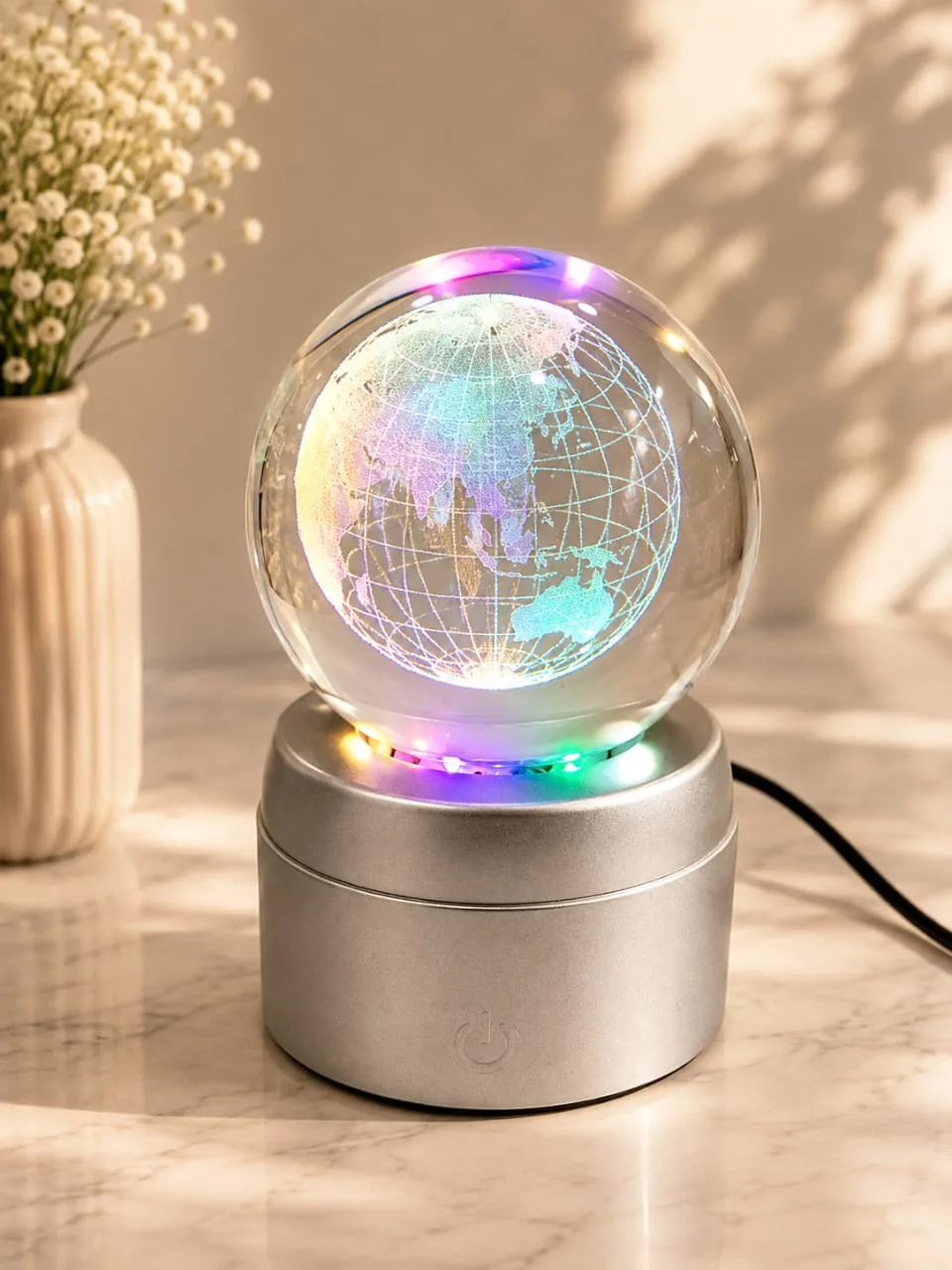 Lampara de Mesa Bola de Cristal Giratorio Tierra con Base Plateada