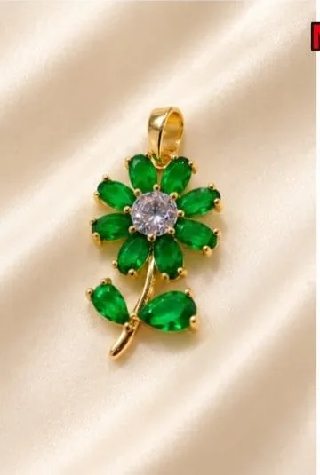 Colgante en Rodio - Flor verde con piedras