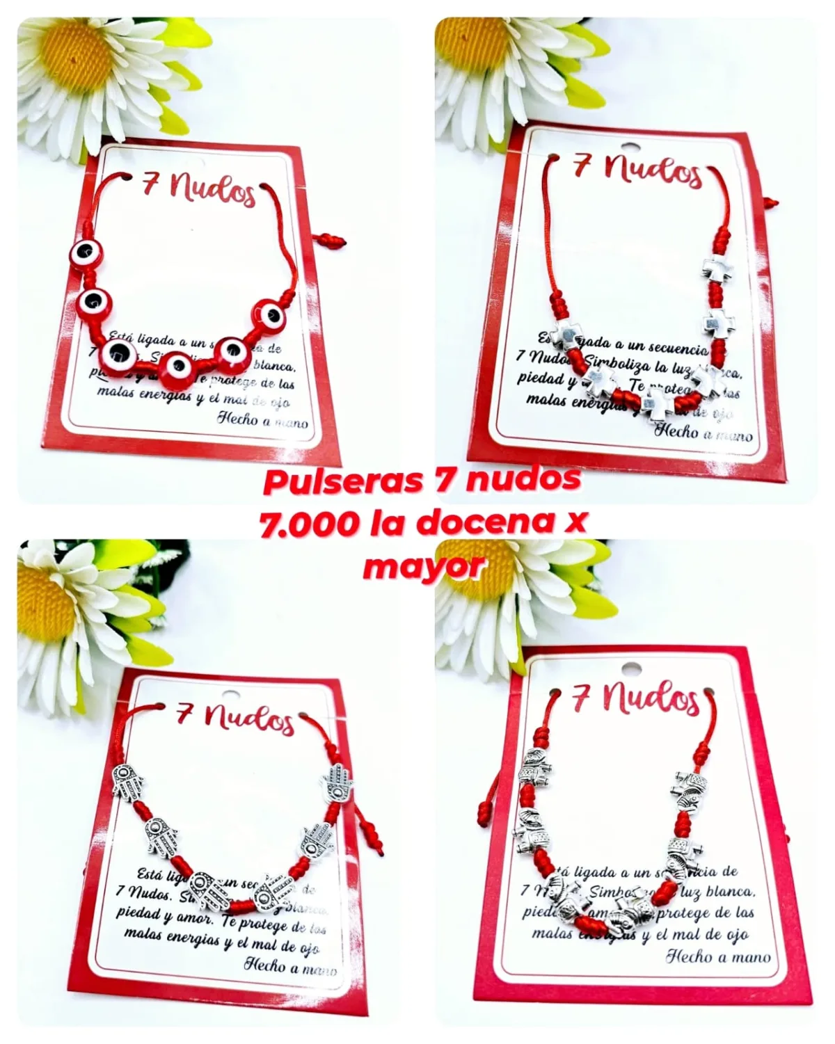 Pack 12 Pulsera de Protección 7 Nudos en Cordón Rojo con Amuletos Temáticos Intercalados
