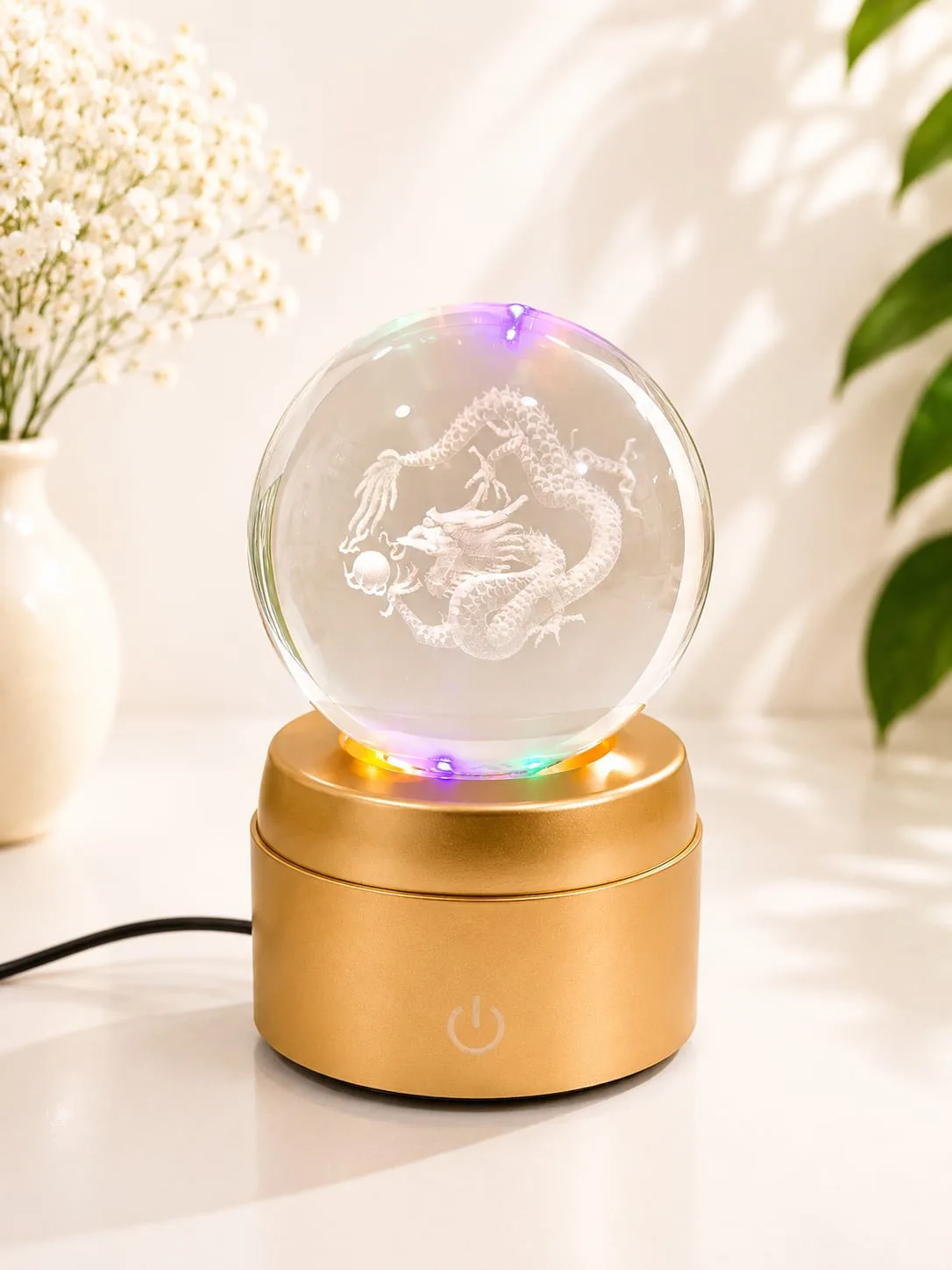 Lampara de Mesa Bola de Cristal Giratorio Dragon Chino con Base Dorada