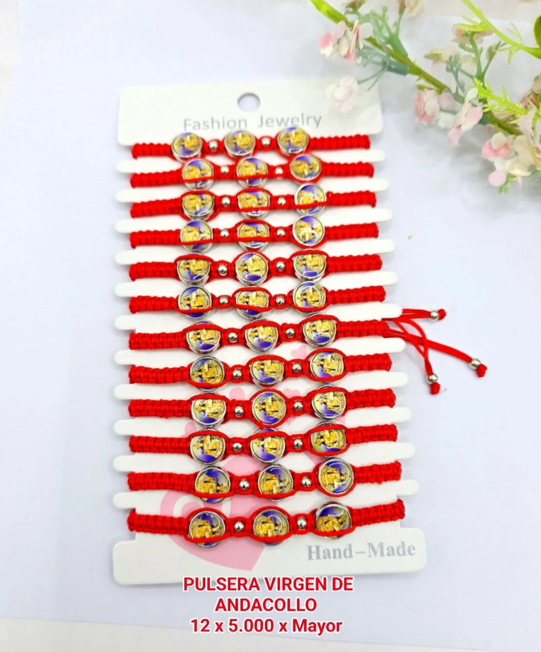 Pack 12 Pulsera Devocional de la Virgen de Andacollo en Tejido Macramé Rojo con Cuentas de Imagen Resinada