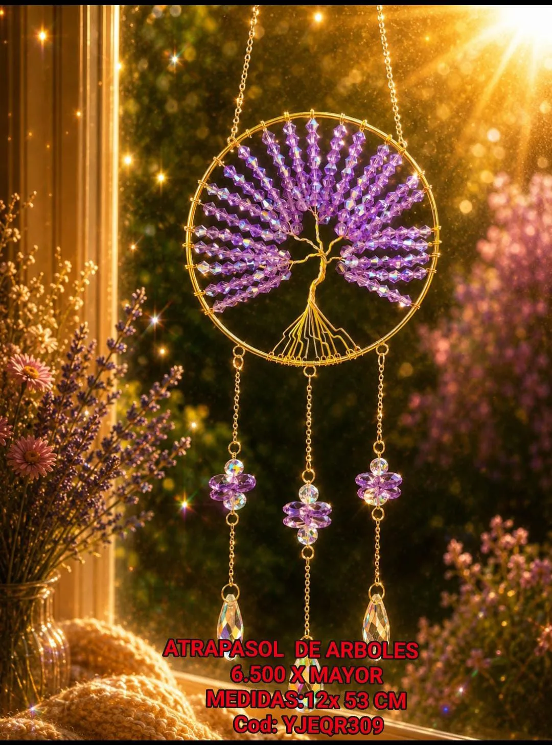 Atrapasoles Árbol de la Vida Místico en Aro Dorado con Cristales Violetas y Cadenas Prismáticas