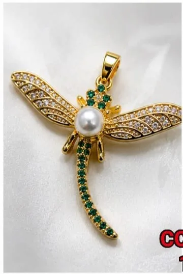 Colgante de Rodio - Libelula con perla y piedras verdes