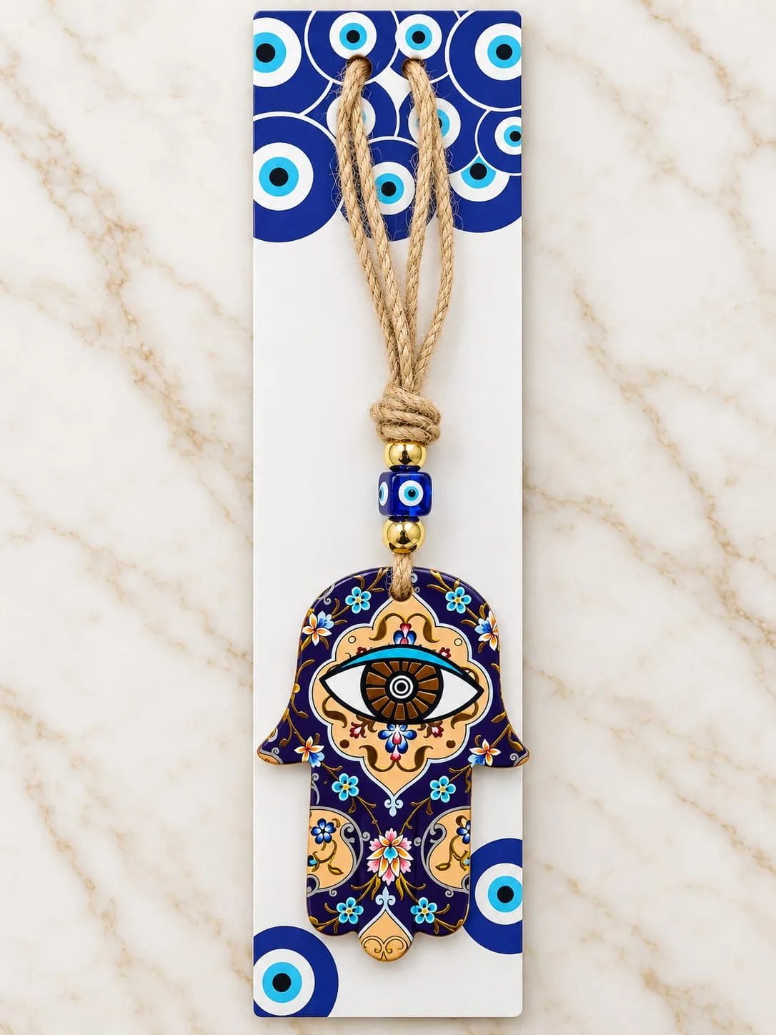 Colgante Mano de Fátima Floral Beige y Azul