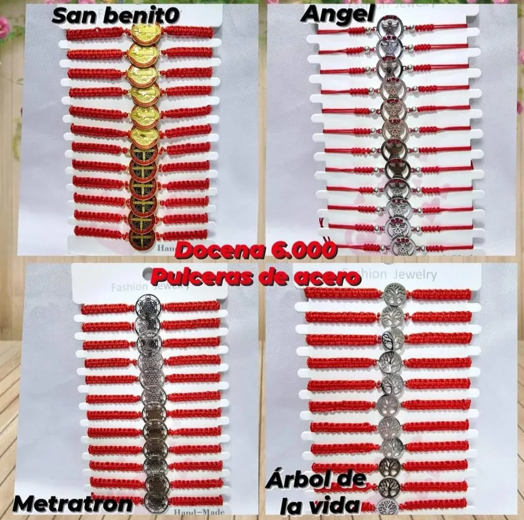 Pack 12 Pulseras Holísticas y Religiosas en Acero Inoxidable con Tejido Macramé Rojo y Cierre Ajustable