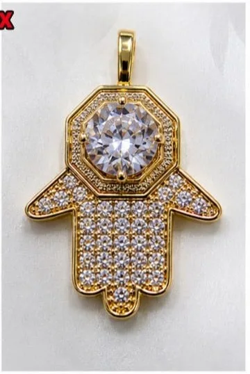 Colgante de Rodio - Mano de Hamsa octagonal con piedra blanca grande