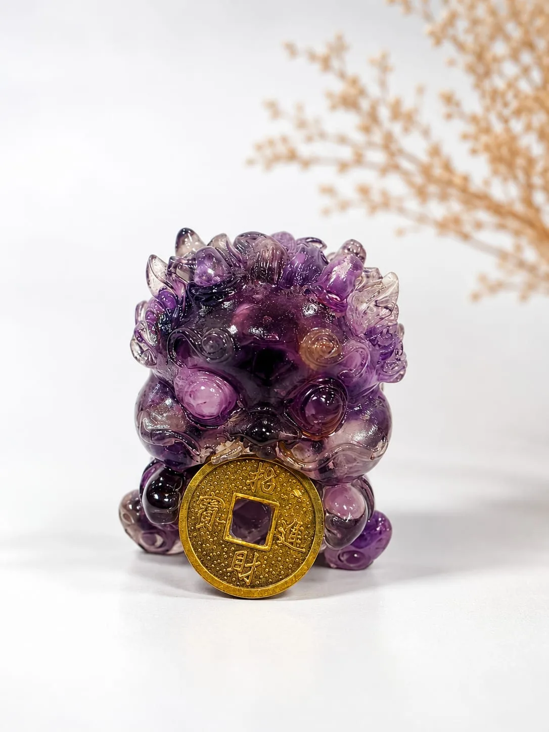 Perro Fu Chino (Pixiu) con Moneda China, Color Morado (Amatista)
