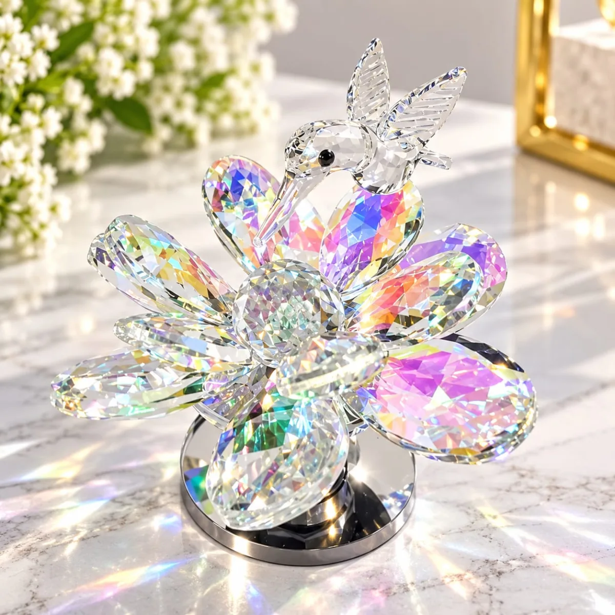 Flor de Loto con Colibrí Giratorio de Cristal (Iridiscente)