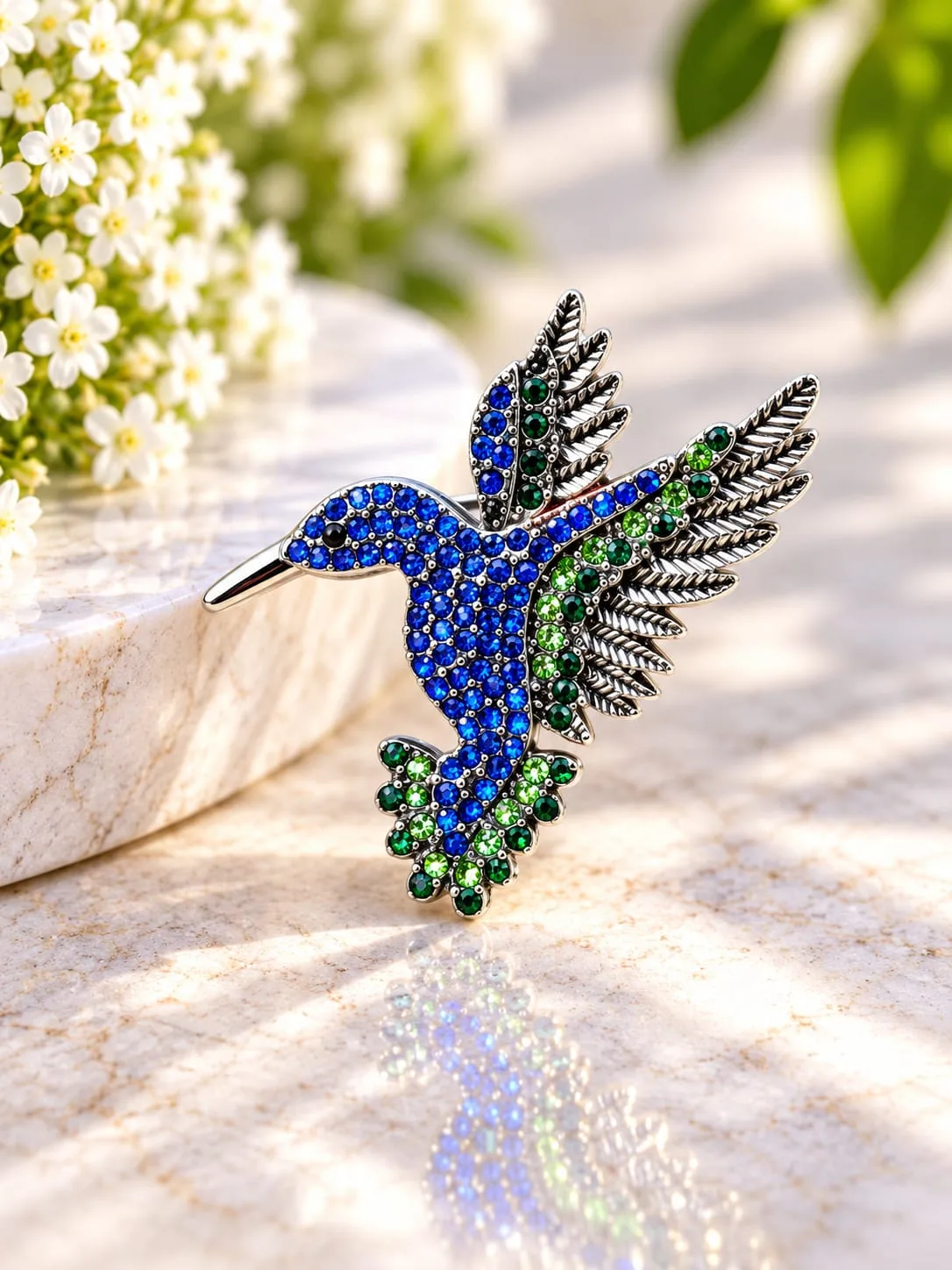 Prendedor de Colibrí con Strass Azul y Verde