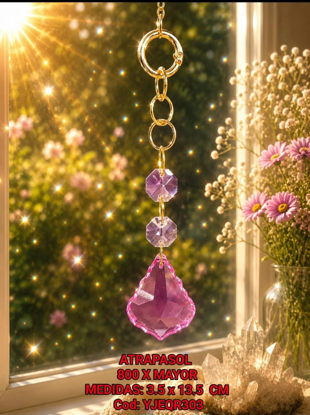 Atrapasoles Compacto de Cristal Rosa Magenta con Cuentas Facetadas y Gancho Dorado