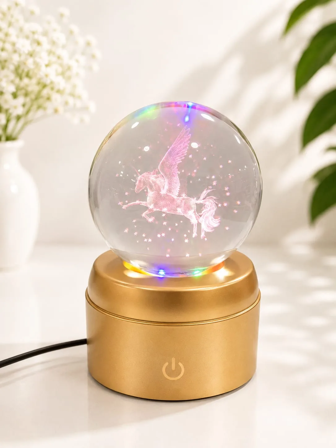 Lampara de Mesa Bola de Cristal Giratorio Unicornio con Base Dorada