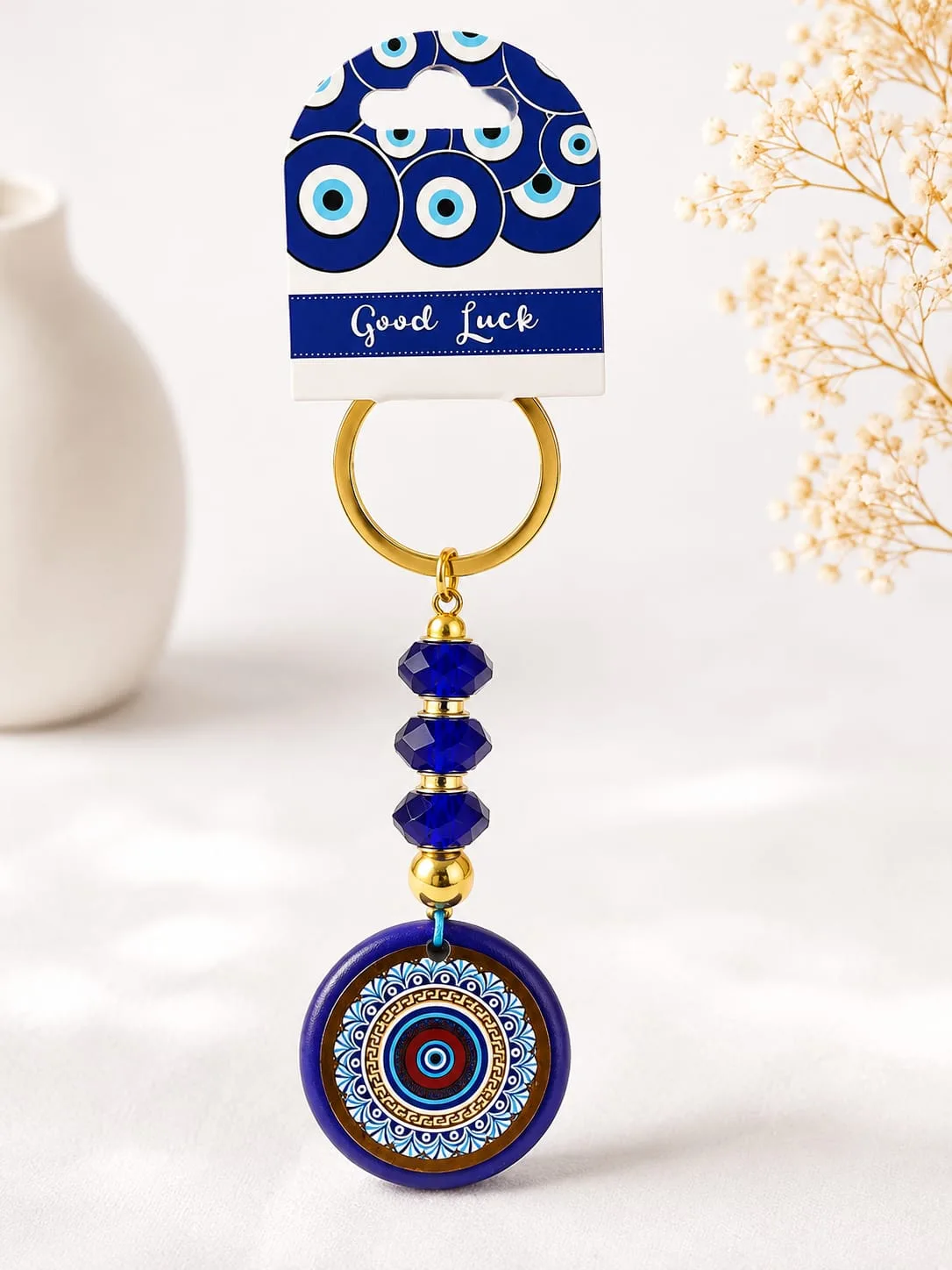 Llavero Dorado de Ojo Turco - Mandala Azul y Dorado con Centro Rojo