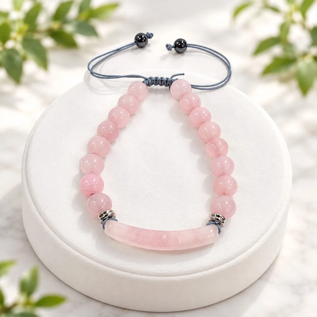 Pulsera Tejida Cuarzo Rosado con Barra 8 mm