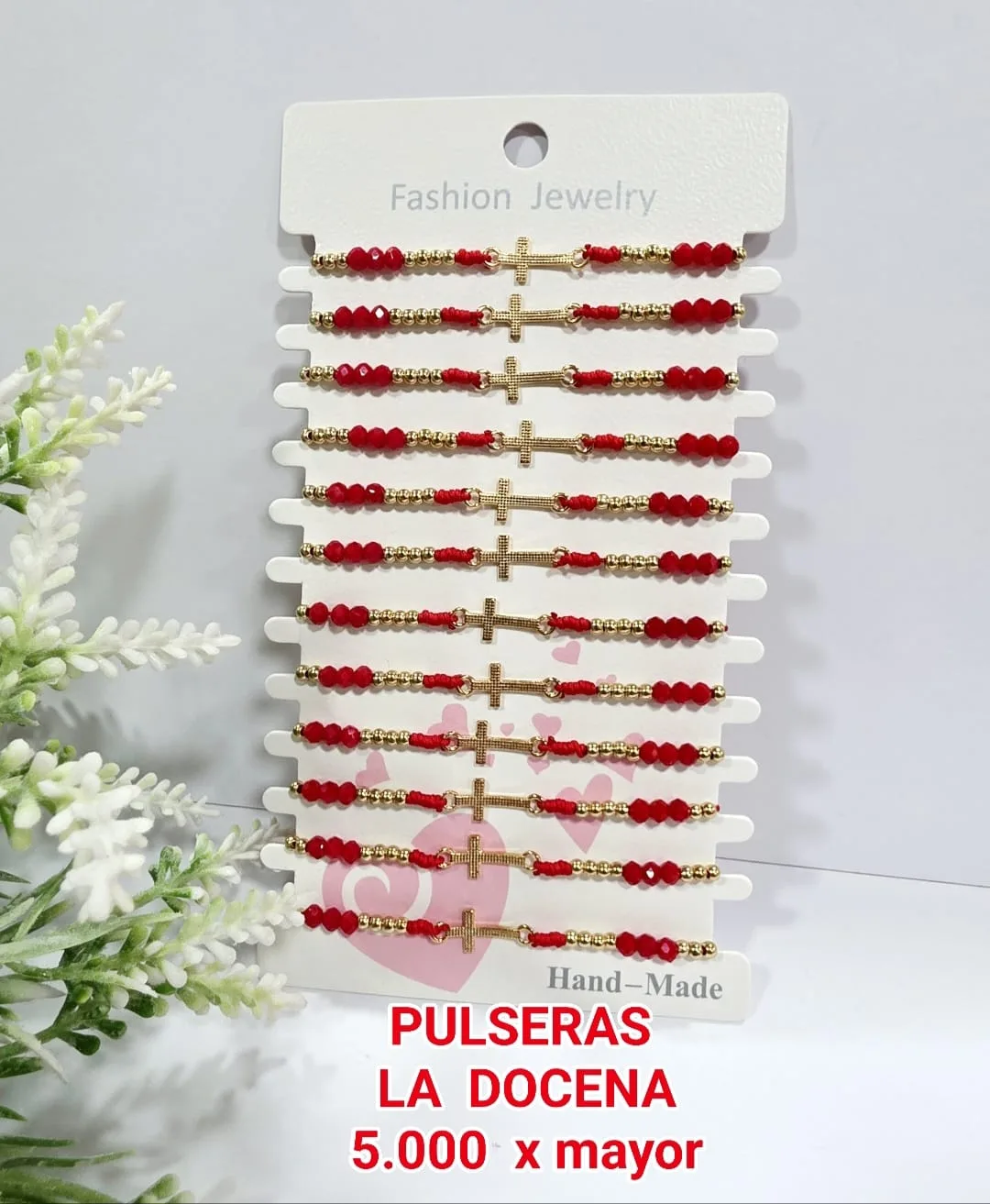 Pack 12 Pulsera Protectora de Cristales Rojos Facetados con Cruz Latina Horizontal Dorada y Balines