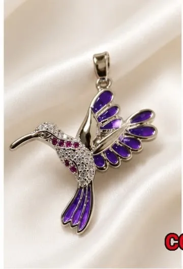 Colgante en Rodio - Colibri morado esmaltado con piedras