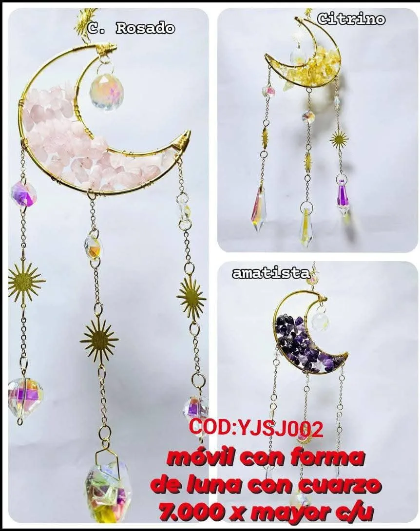 Atrapasoles Medialuna de Alambre Dorado con Piedras de Cuarzo Natural, Soles Astrales y Prismas Iridiscentes