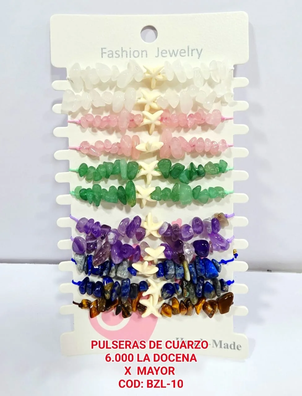 Pack 12 Pulsera Veraniega Holística con Estrella de Mar Blanca y Chips Piedra de Cuarzo