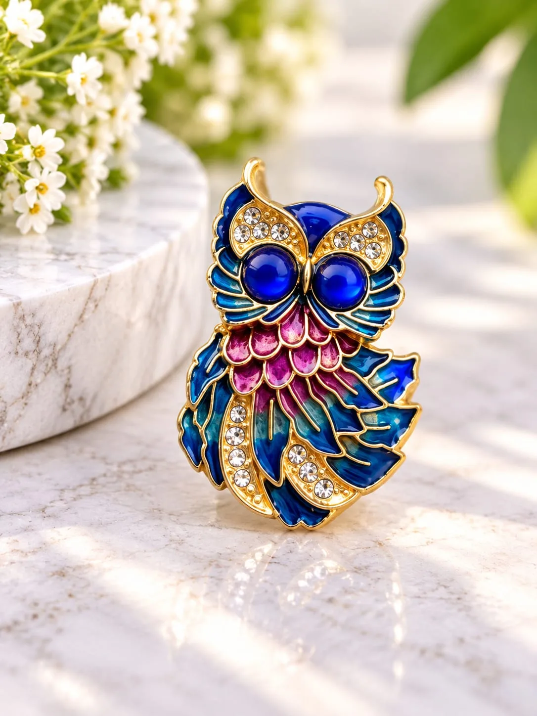 Prendedor de Búho Esmaltado Azul y Magenta