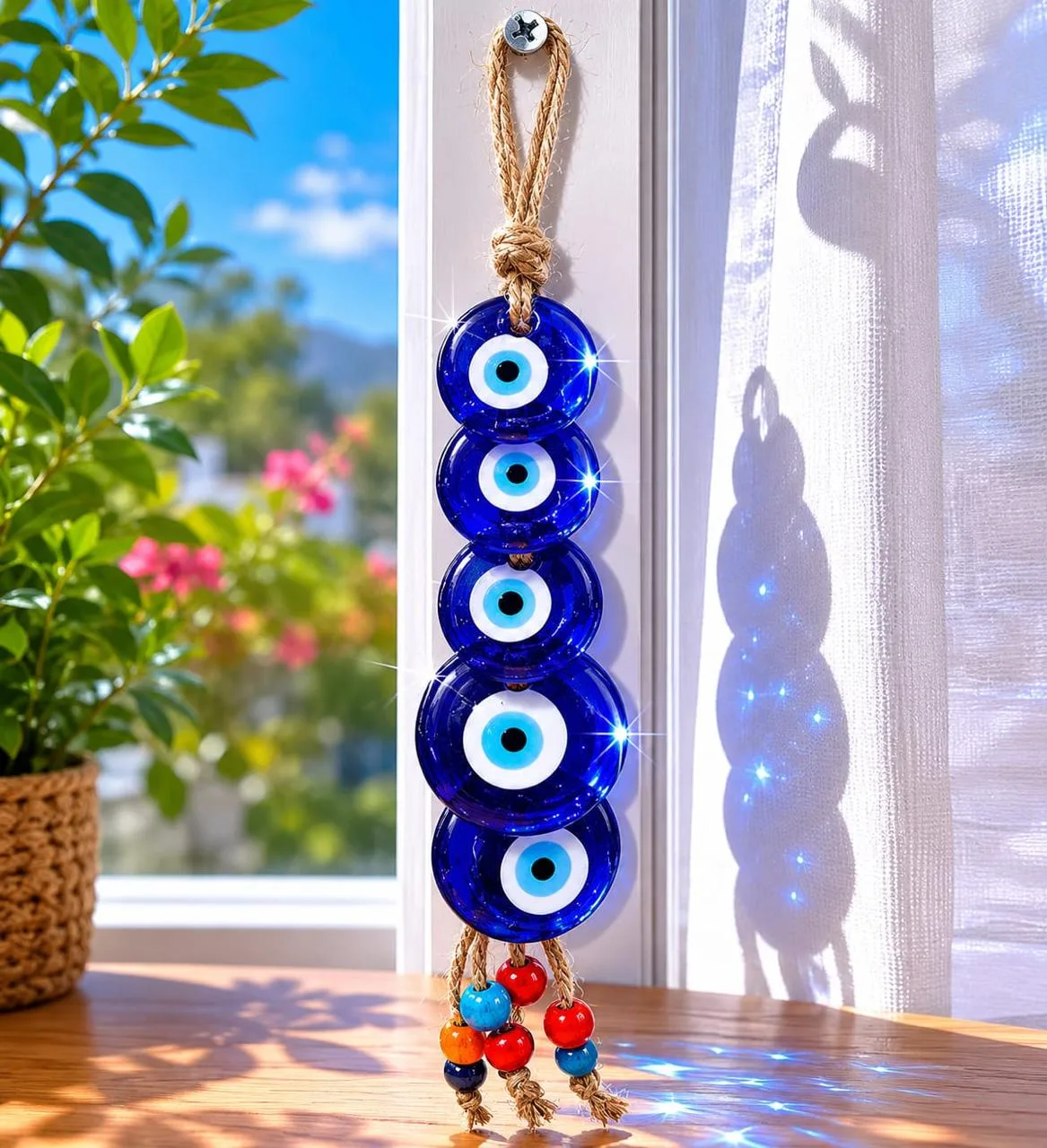 Colgante Cinco Ojos Turcos de Vidrio en Cordel de Yute
