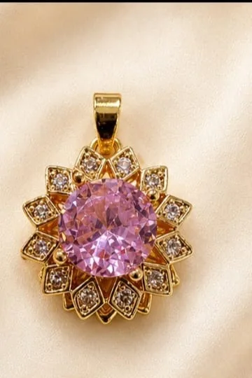 Colgante de Rodio - Flor con circonia rosada grande central